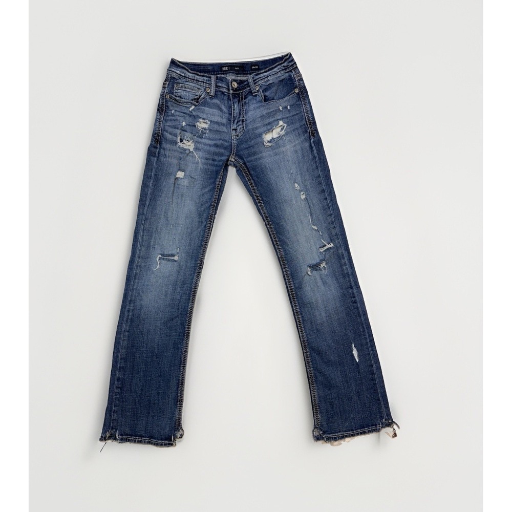 BKE Men's Blue Denim Jeans Bootcut Regular Fit Mid Rise Medium Wash Distressed